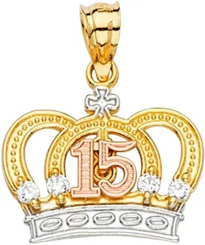 14k REAL Tri Color Gold 15 Years CZ Crown Pendant