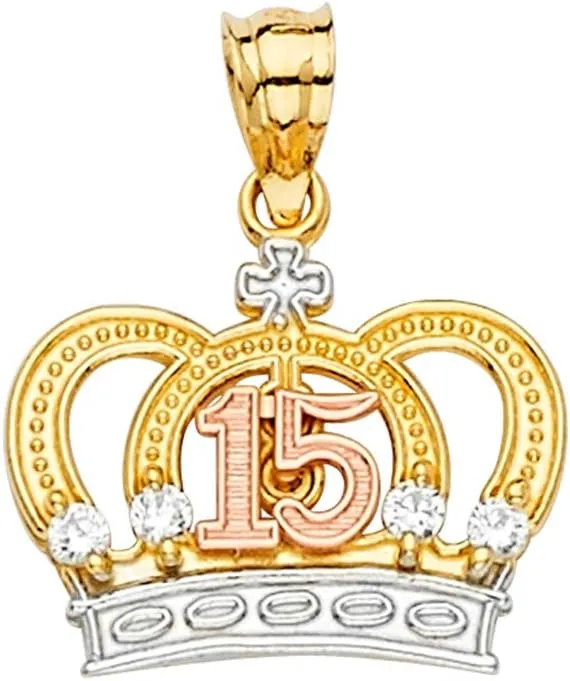 14k REAL Tri Color Gold 15 Years CZ Crown Pendant