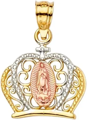 14k REAL Tri Color Gold Religious Our Lady of Guadalupe CZ Crown Pendant