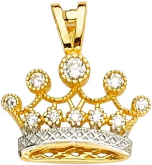 14k REAL Two Tone Gold CZ Crown Pendant