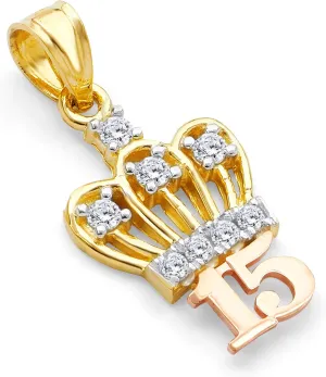 14k REAL Twon Tone Gold CZ 15 Years Crown Charm Pendant