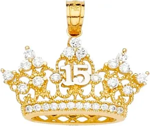 14k REAL Yellow Gold 15 Years CZ Crown Pendant