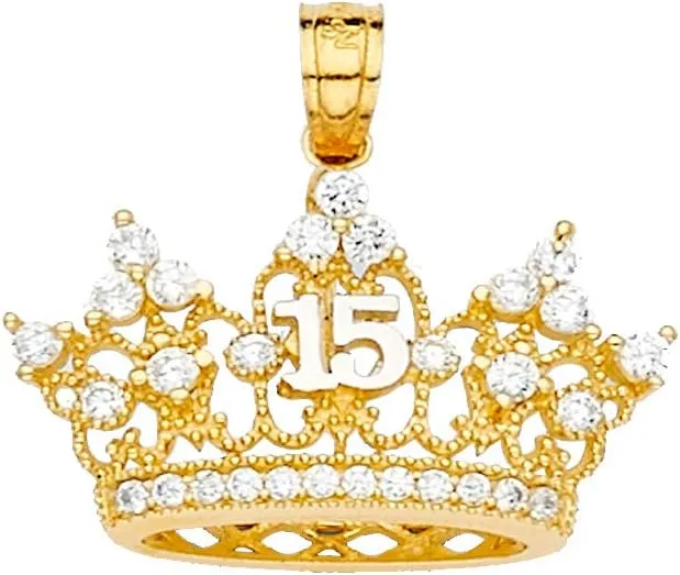 14k REAL Yellow Gold 15 Years CZ Crown Pendant