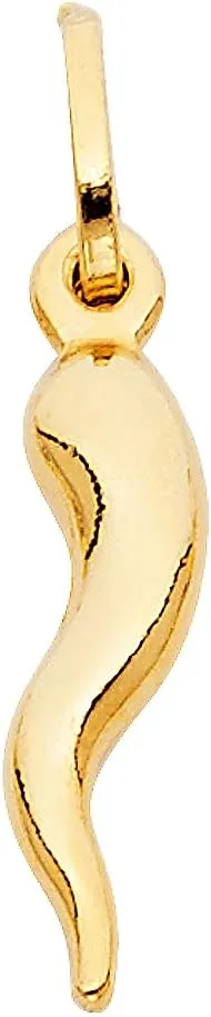 14k REAL Yellow Gold Cornicello Italian Horn Pendant with 0.9mm Cable Chain Necklace