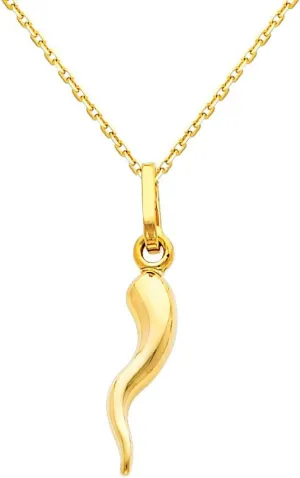 14k REAL Yellow Gold Cornicello Italian Horn Pendant with 0.9mm Cable Chain Necklace