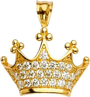14k REAL Yellow Gold CZ Crown Pendant
