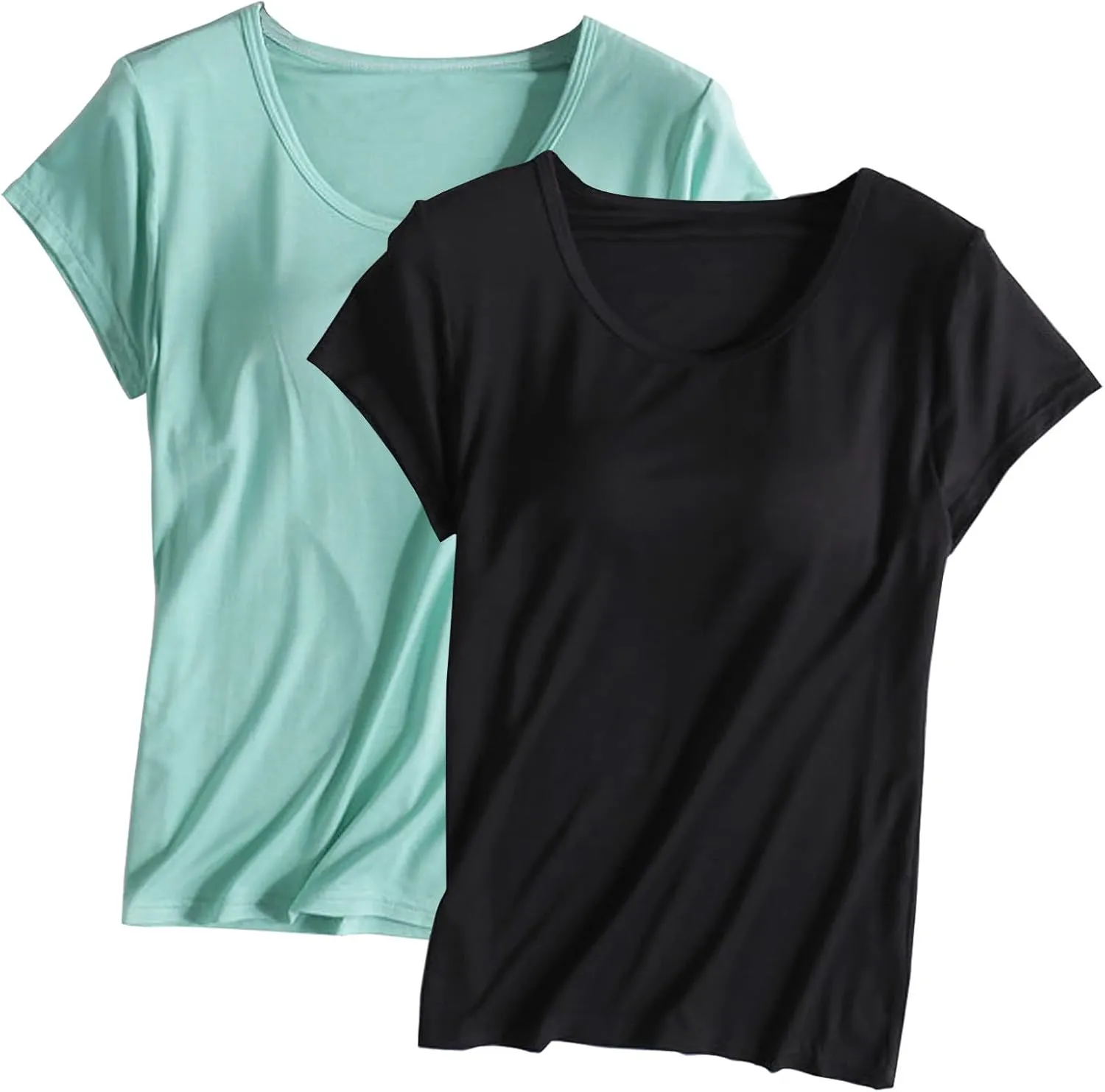 2 Pack of Built-in Bra T-Shirt for Womens Solid Color Padded Active Tops Comfy Short Sleeve Yoga Athletic Tees