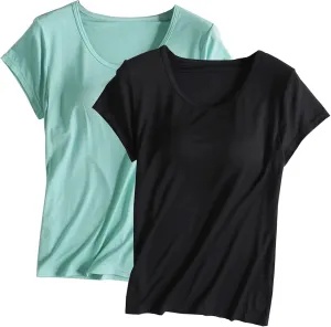 2 Pack of Built-in Bra T-Shirt for Womens Solid Color Padded Active Tops Comfy Short Sleeve Yoga Athletic Tees