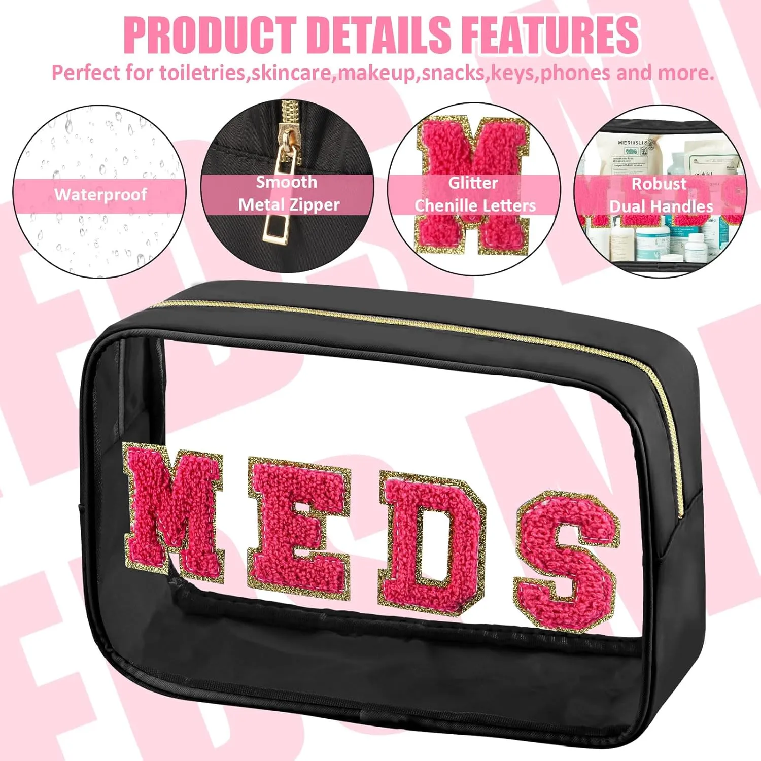 2 Pcs Medicine Chenille Letter Bag Preppy Clear Makeup Meds Pouch for Travel Nylon & PVC Transparent Cosmetic Bag Preppy Patch Toiletry Storage for Women Girls Black