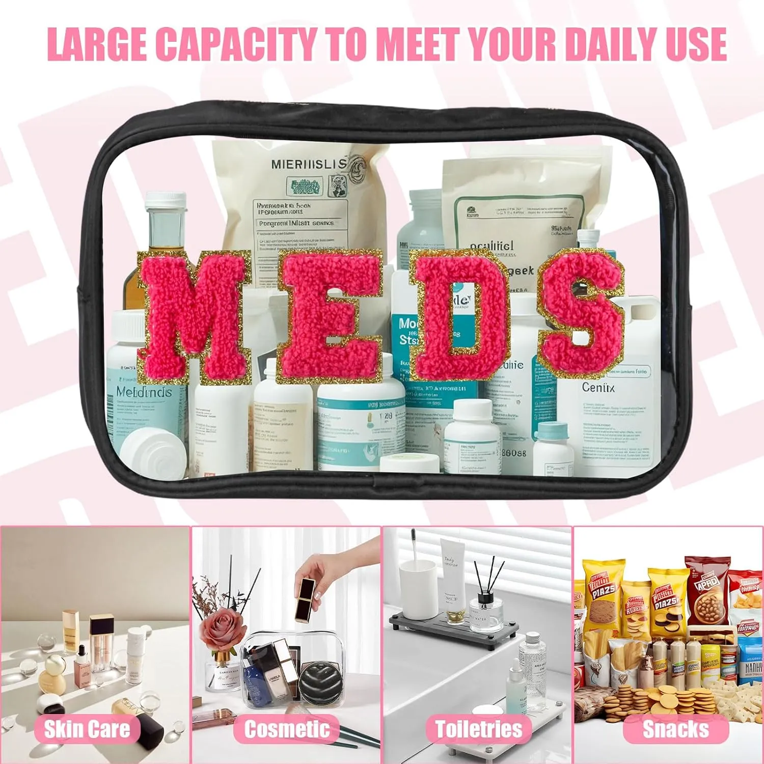 2 Pcs Medicine Chenille Letter Bag Preppy Clear Makeup Meds Pouch for Travel Nylon & PVC Transparent Cosmetic Bag Preppy Patch Toiletry Storage for Women Girls Black