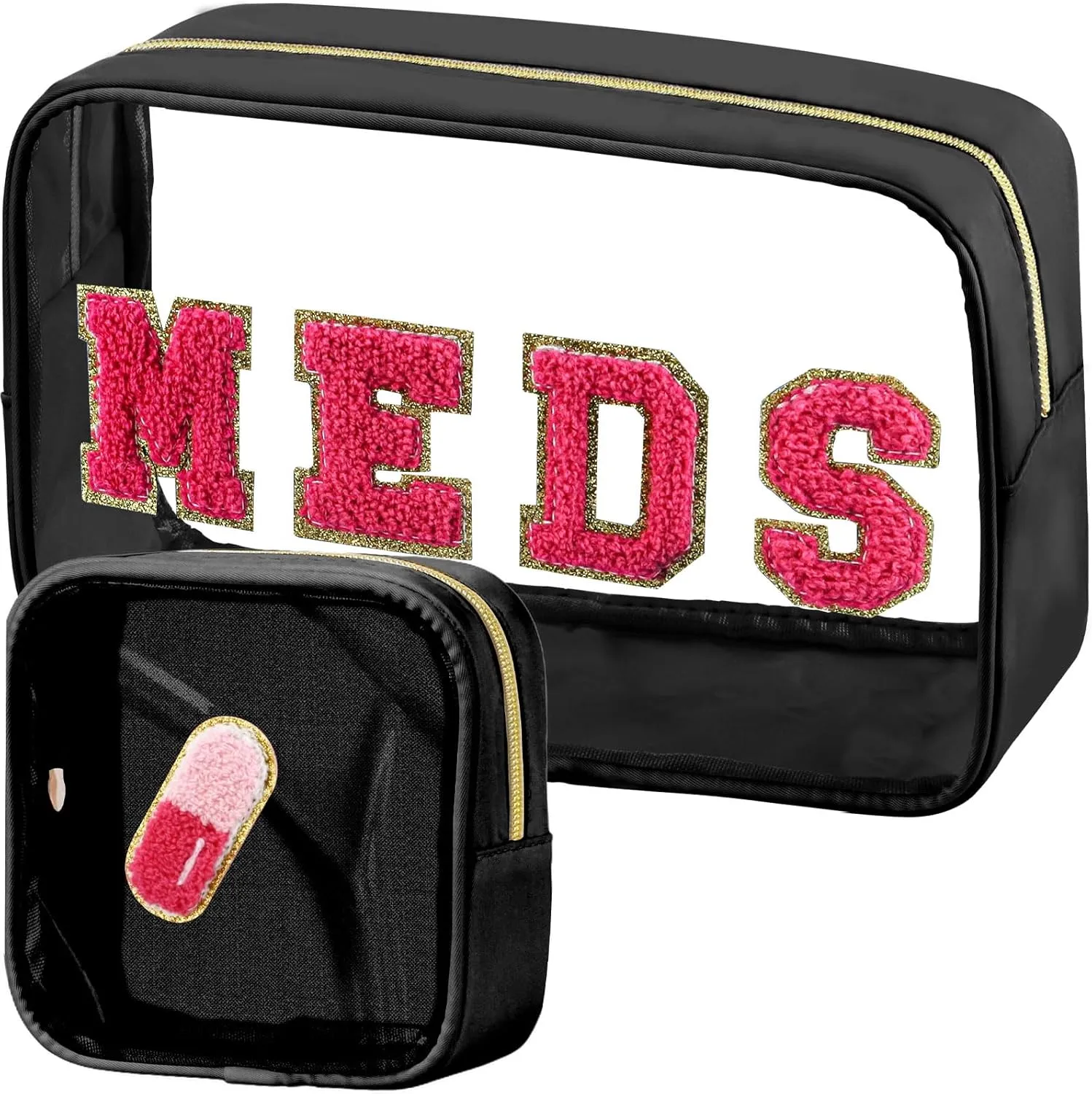 2 Pcs Medicine Chenille Letter Bag Preppy Clear Makeup Meds Pouch for Travel Nylon & PVC Transparent Cosmetic Bag Preppy Patch Toiletry Storage for Women Girls Black