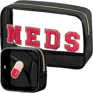 2 Pcs Medicine Chenille Letter Bag Preppy Clear Makeup Meds Pouch for Travel Nylon & PVC Transparent Cosmetic Bag Preppy Patch Toiletry Storage for Women Girls Black