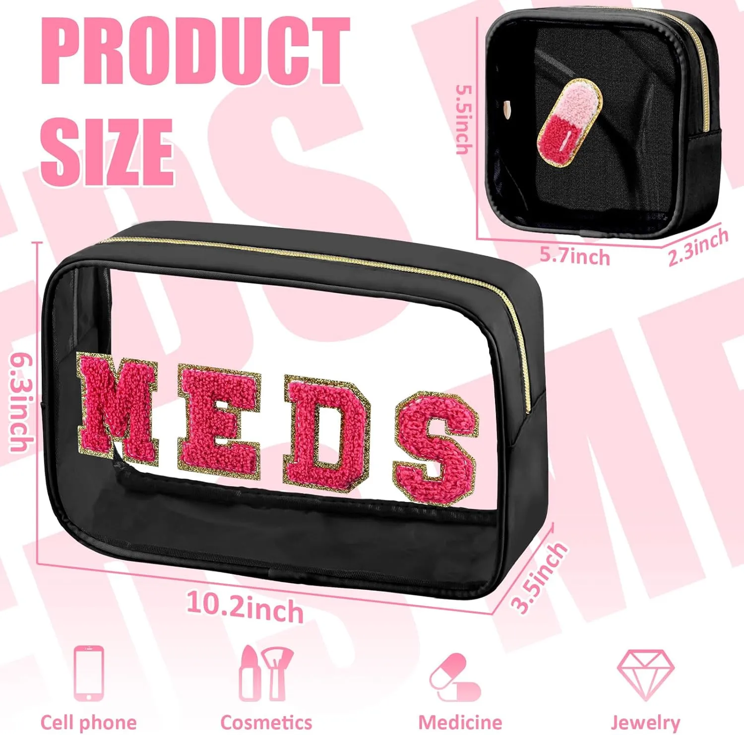 2 Pcs Medicine Chenille Letter Bag Preppy Clear Makeup Meds Pouch for Travel Nylon & PVC Transparent Cosmetic Bag Preppy Patch Toiletry Storage for Women Girls Black