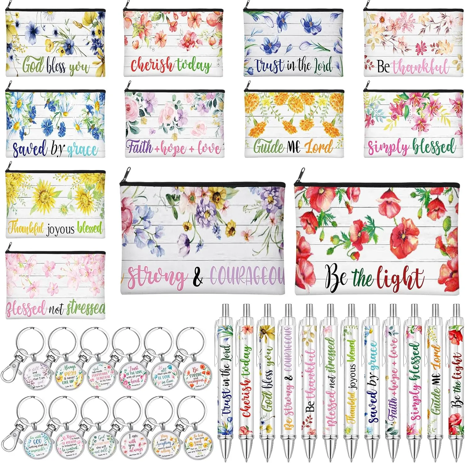 36 Pcs Christian Gifts Set Floral Bible Verse Christian Flower Makeup Bags Religious Inspirational Quotes Keychains Prayer Pens Gifts for Church Charity Donation Supplies