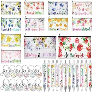 36 Pcs Christian Gifts Set Floral Bible Verse Christian Flower Makeup Bags Religious Inspirational Quotes Keychains Prayer Pens Gifts for Church Charity Donation Supplies