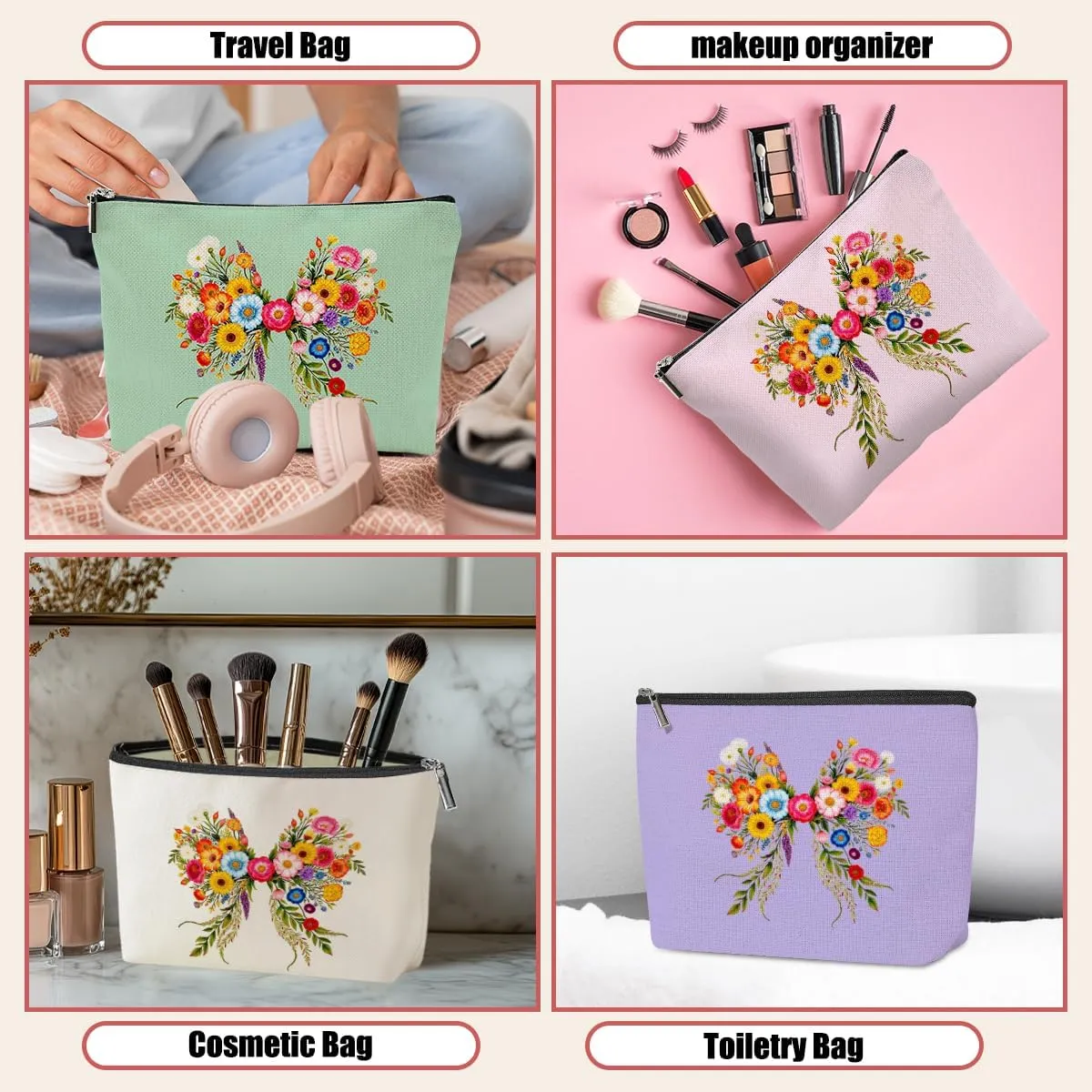 4 Pack Cute Bow Aesthetics Wildflower Makeup Bag,Travel Essentials Cosmetic Bags for Women, Plant Lovers Mom Girls Trip Bachelorette Party Travel Toiletry Bag Graduation Birthday Christmas Friendship