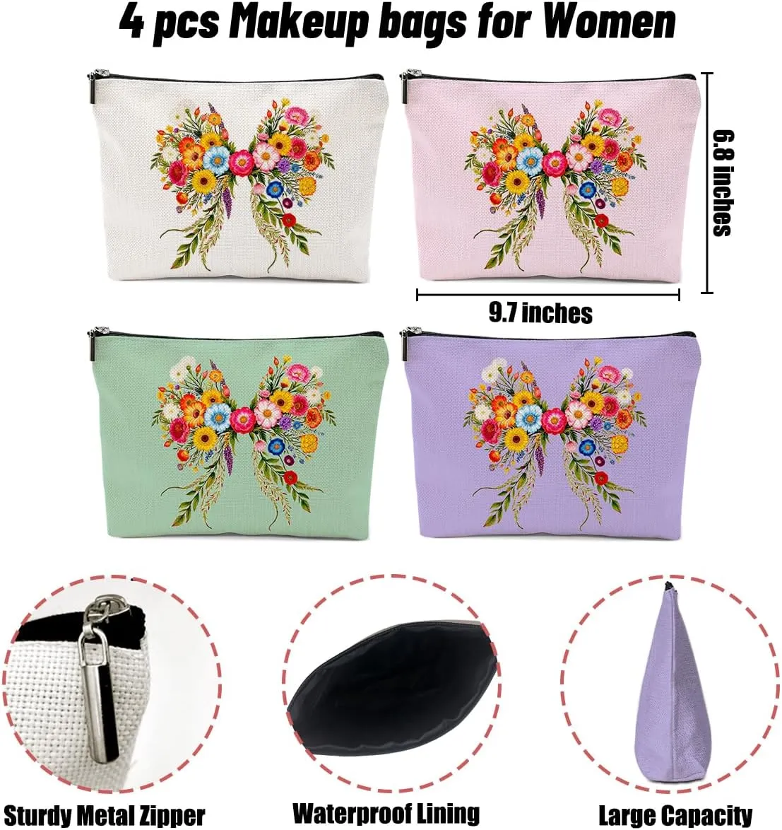 4 Pack Cute Bow Aesthetics Wildflower Makeup Bag,Travel Essentials Cosmetic Bags for Women, Plant Lovers Mom Girls Trip Bachelorette Party Travel Toiletry Bag Graduation Birthday Christmas Friendship