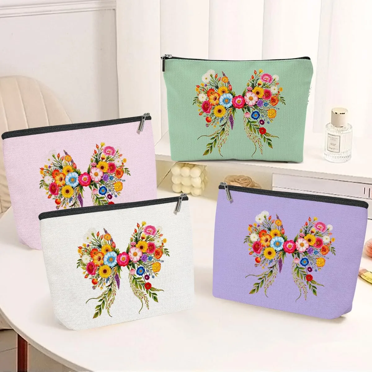 4 Pack Cute Bow Aesthetics Wildflower Makeup Bag,Travel Essentials Cosmetic Bags for Women, Plant Lovers Mom Girls Trip Bachelorette Party Travel Toiletry Bag Graduation Birthday Christmas Friendship