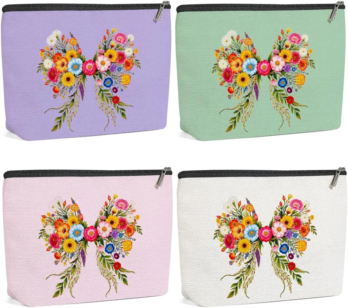 4 Pack Cute Bow Aesthetics Wildflower Makeup Bag,Travel Essentials Cosmetic Bags for Women, Plant Lovers Mom Girls Trip Bachelorette Party Travel Toiletry Bag Graduation Birthday Christmas Friendship