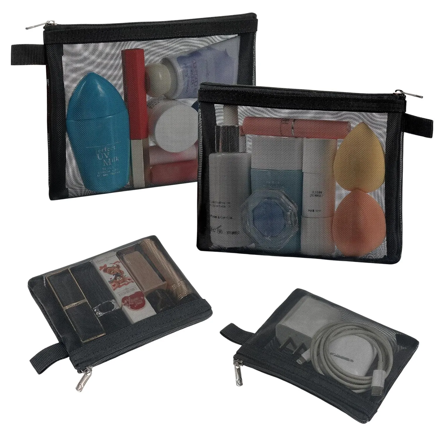 4 Pack Mini Cosmetic Bags, Small Mesh Makeup Bag with Zipper for Home Office Purse Multipurpose Nylon Bag (Black)