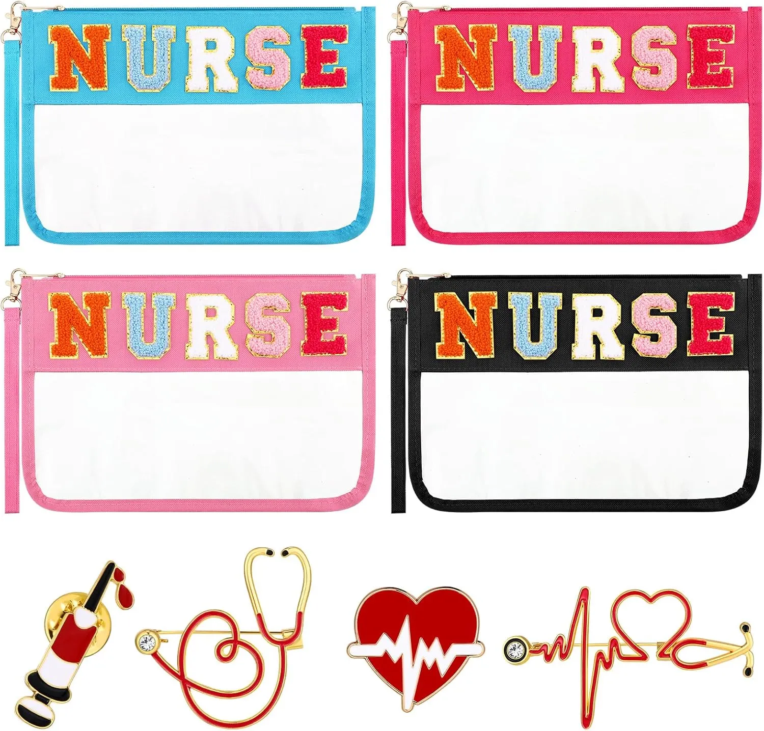 4 Pcs Graduation Nurses Bags Gifts Chenille Letter Makeup Bags with 4 Pins Preppy Clear Nursing Travel Pouch Cosmetic Waterproof Zipper Nurse Accessories Appreciation Gifts for CNA Week