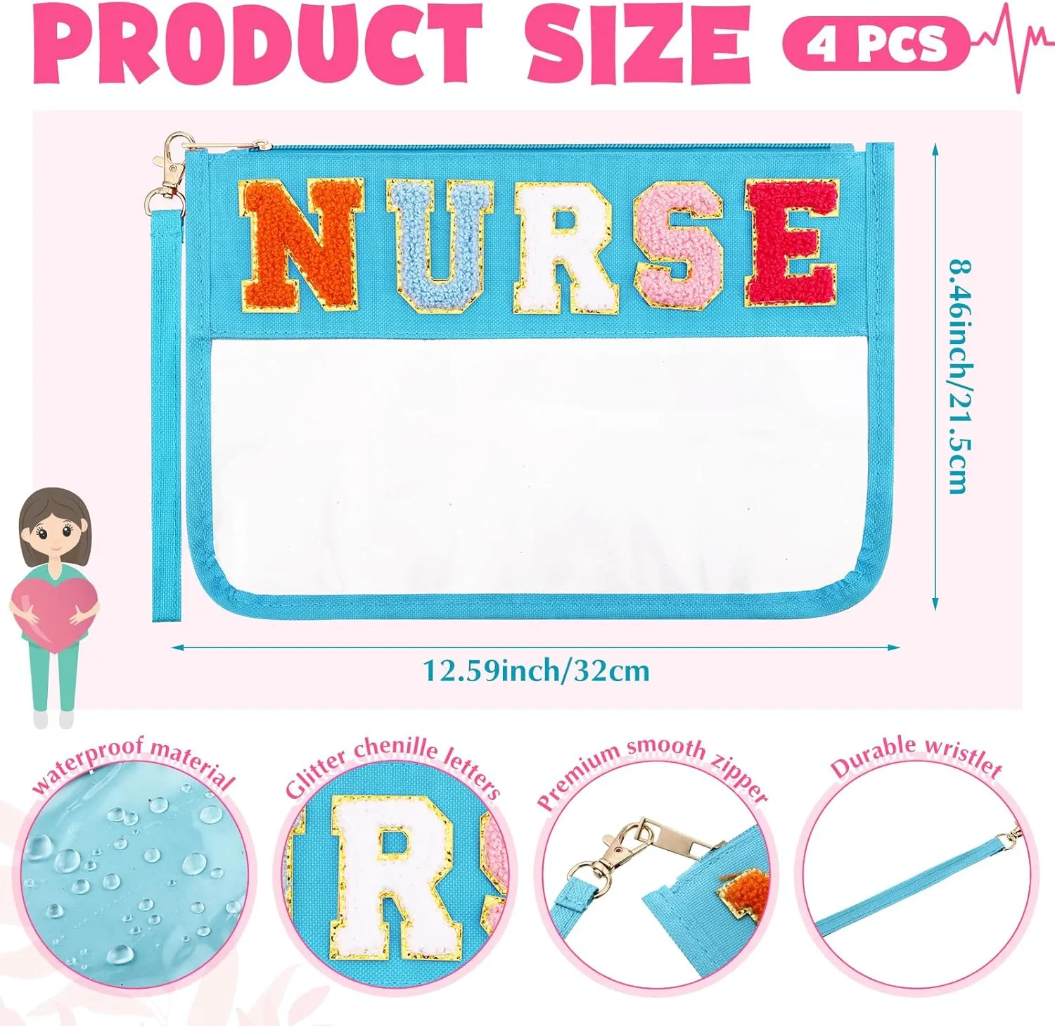 4 Pcs Graduation Nurses Bags Gifts Chenille Letter Makeup Bags with 4 Pins Preppy Clear Nursing Travel Pouch Cosmetic Waterproof Zipper Nurse Accessories Appreciation Gifts for CNA Week