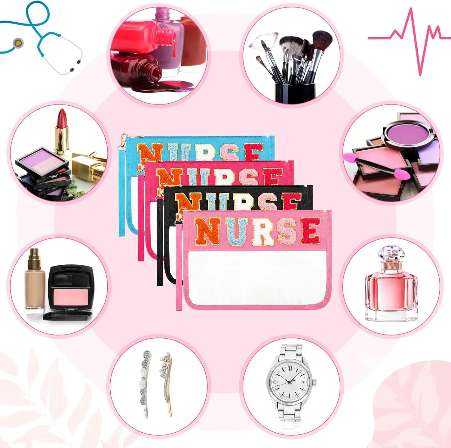 4 Pcs Graduation Nurses Bags Gifts Chenille Letter Makeup Bags with 4 Pins Preppy Clear Nursing Travel Pouch Cosmetic Waterproof Zipper Nurse Accessories Appreciation Gifts for CNA Week