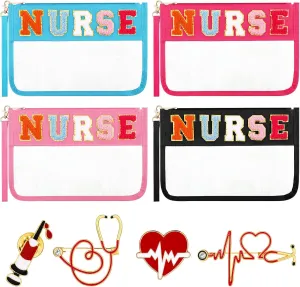 4 Pcs Graduation Nurses Bags Gifts Chenille Letter Makeup Bags with 4 Pins Preppy Clear Nursing Travel Pouch Cosmetic Waterproof Zipper Nurse Accessories Appreciation Gifts for CNA Week
