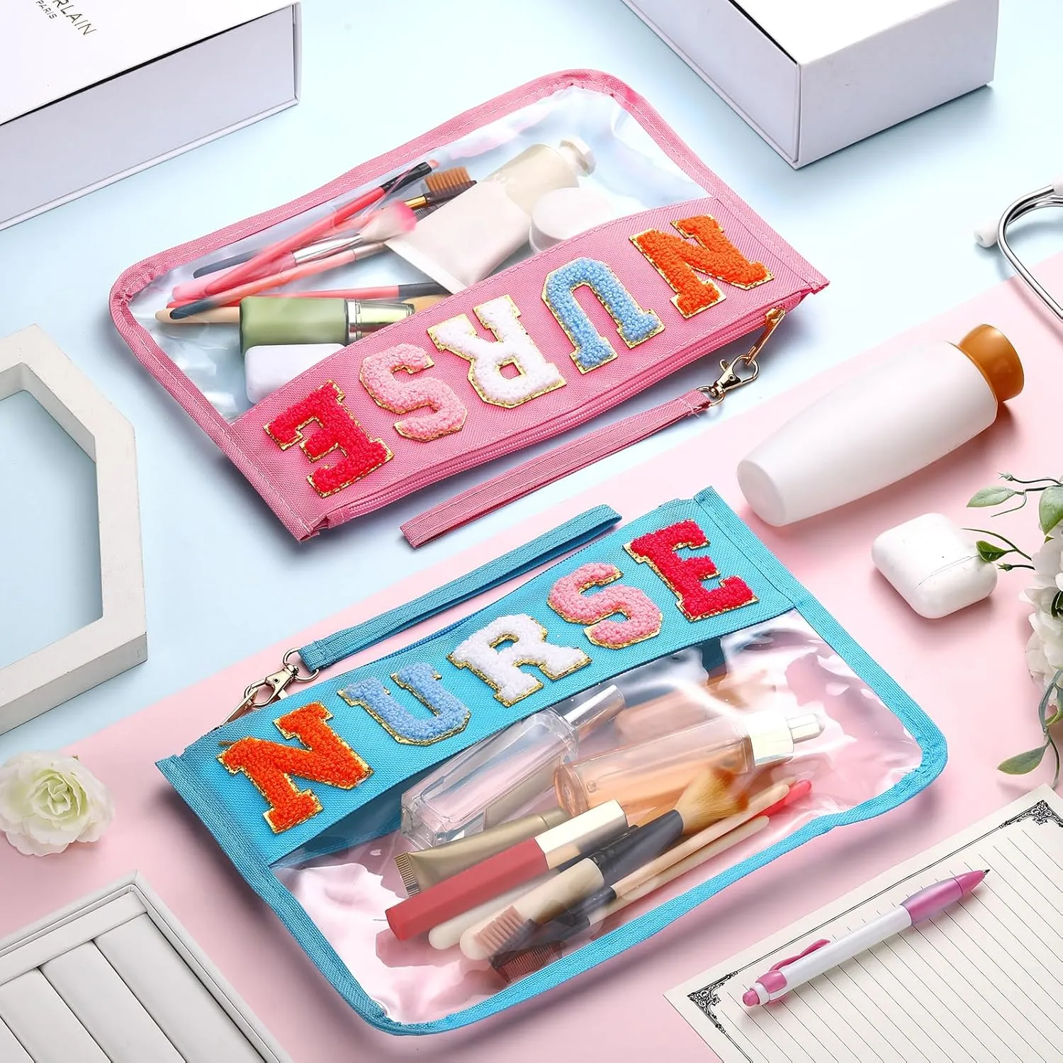 4 Pcs Graduation Nurses Bags Gifts Chenille Letter Makeup Bags with 4 Pins Preppy Clear Nursing Travel Pouch Cosmetic Waterproof Zipper Nurse Accessories Appreciation Gifts for CNA Week