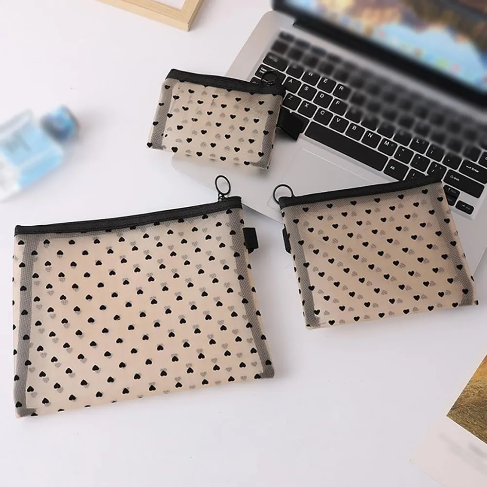 4 Pcs Heart Mesh Cosmetic Bags Cute Mesh Makeup Bag Different Size Toiletry Bags Coin Pouches Sanitary Napkin Storage Bag Make Up Organizer Pouch Small Storage Pouch with zipper Pink