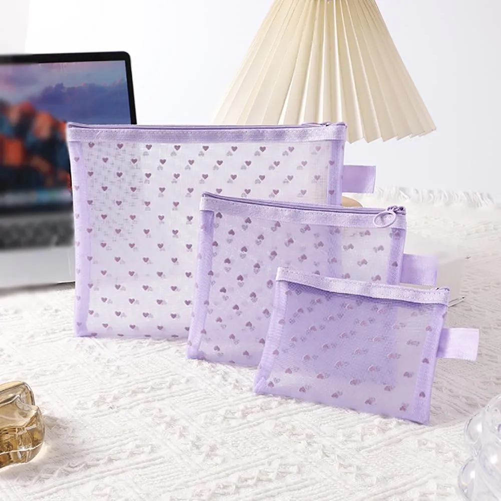 4 Pcs Heart Mesh Cosmetic Bags Cute Mesh Makeup Bag Different Size Toiletry Bags Coin Pouches Sanitary Napkin Storage Bag Make Up Organizer Pouch Small Storage Pouch with zipper Pink