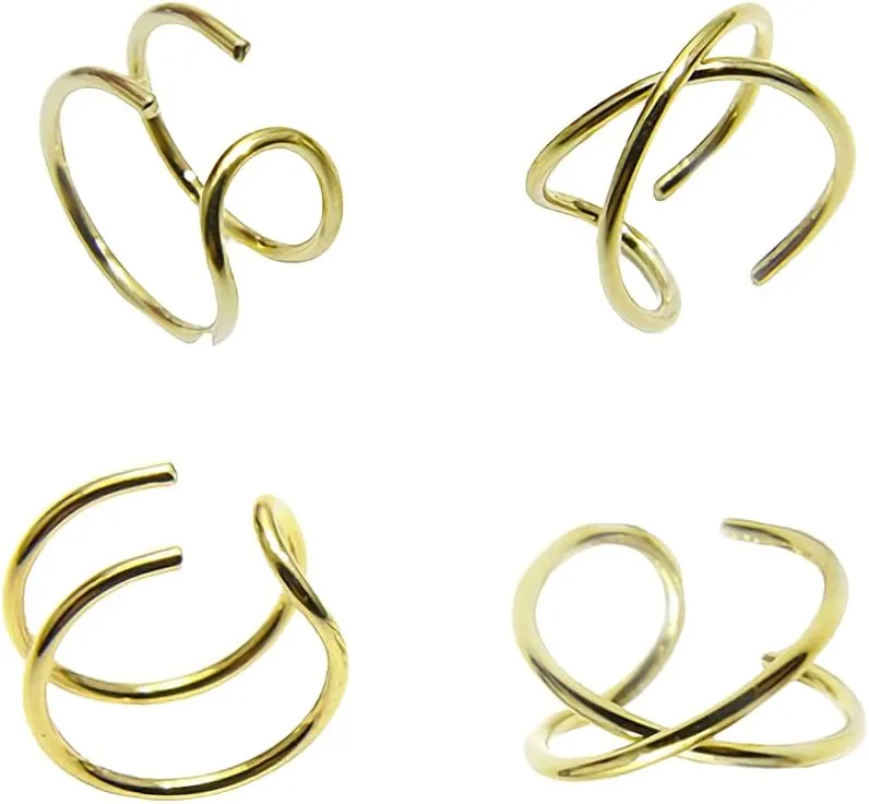 4PCS Helix Ear Cuff Cartilage Earring No Piercing Earcuff, 925 Sterling Silver,14K Gold Simple Criss Cross Double Lines Adjustable Ear Cuffs Minimalist Women Girls Men Clip On adornment Set