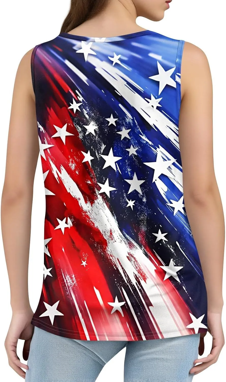 4th of July Summer Womens Tank Tops Ruffled Square Neck Star Flag Print Shirts Casual Loose Sleeveless Cami Top