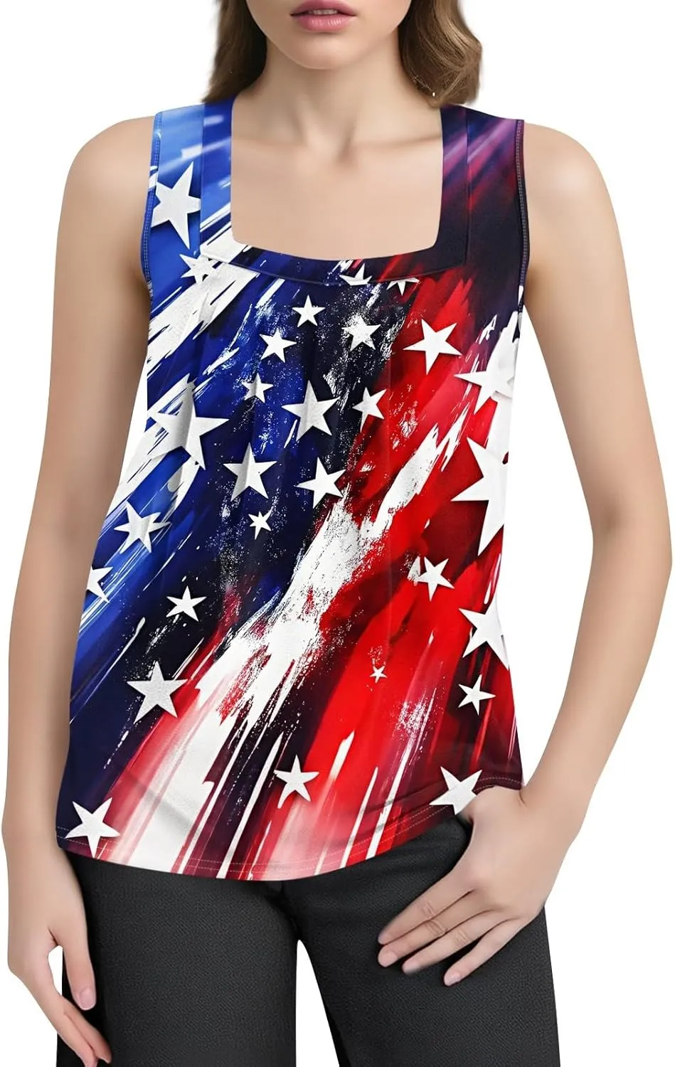 4th of July Summer Womens Tank Tops Ruffled Square Neck Star Flag Print Shirts Casual Loose Sleeveless Cami Top