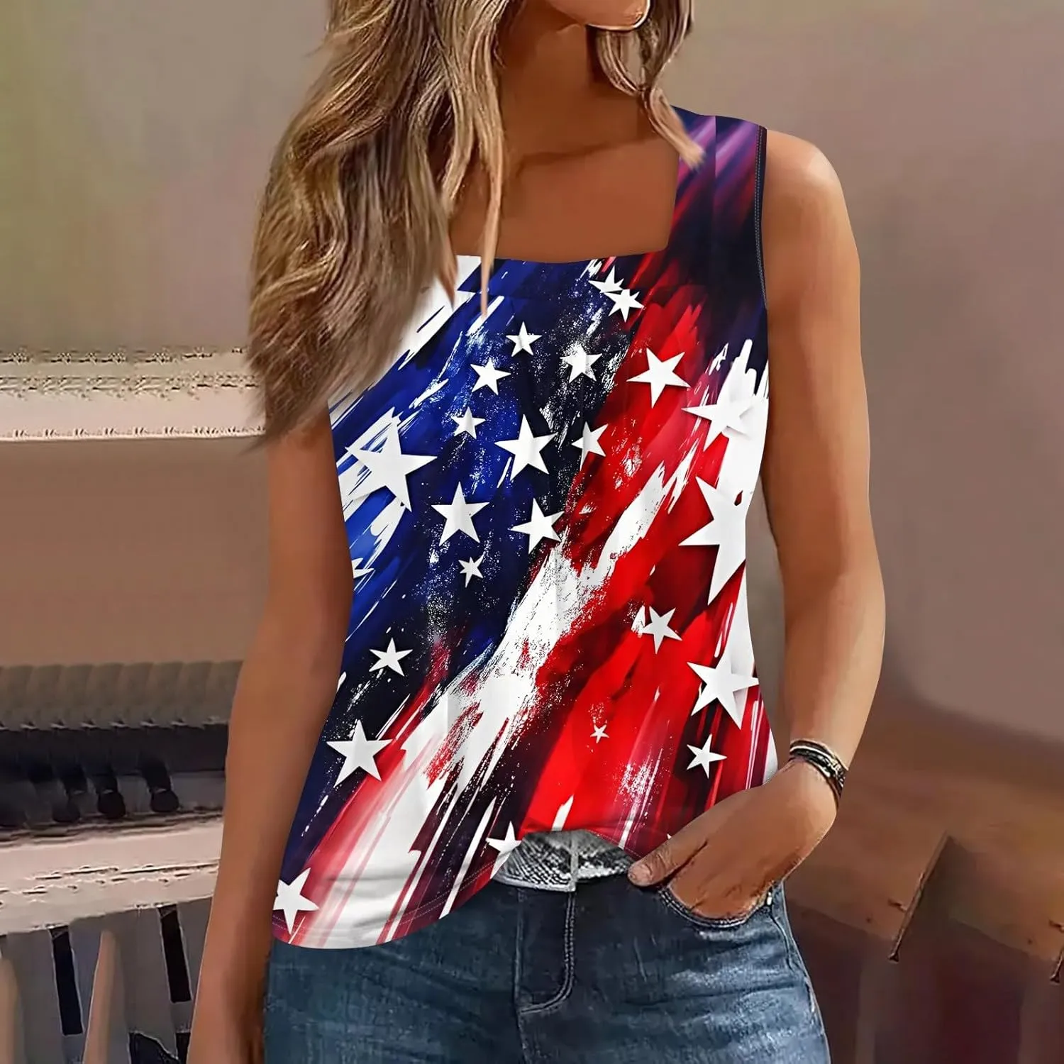 4th of July Summer Womens Tank Tops Ruffled Square Neck Star Flag Print Shirts Casual Loose Sleeveless Cami Top