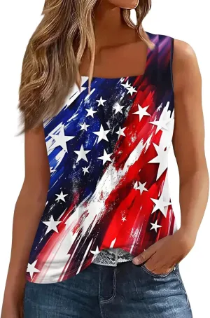 4th of July Summer Womens Tank Tops Ruffled Square Neck Star Flag Print Shirts Casual Loose Sleeveless Cami Top