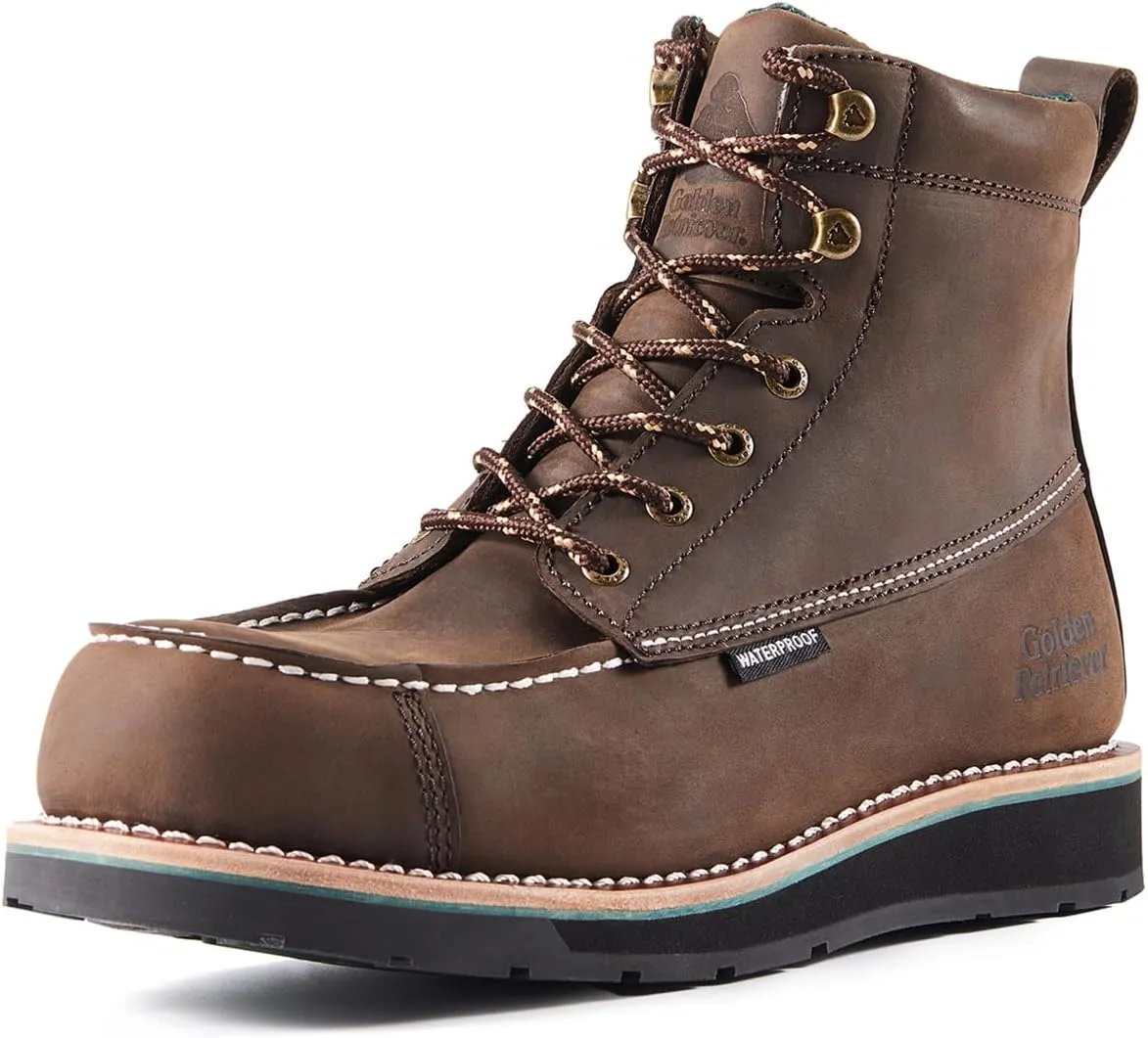 6''Composite/Soft Toe Work Boots For Men,Waterproof Wedge Moc Toe, Oil/Slip Resistant, Goodyear Leather Welt, Industrial Construction Durty work Boots,EH G6155-G6255-G6355
