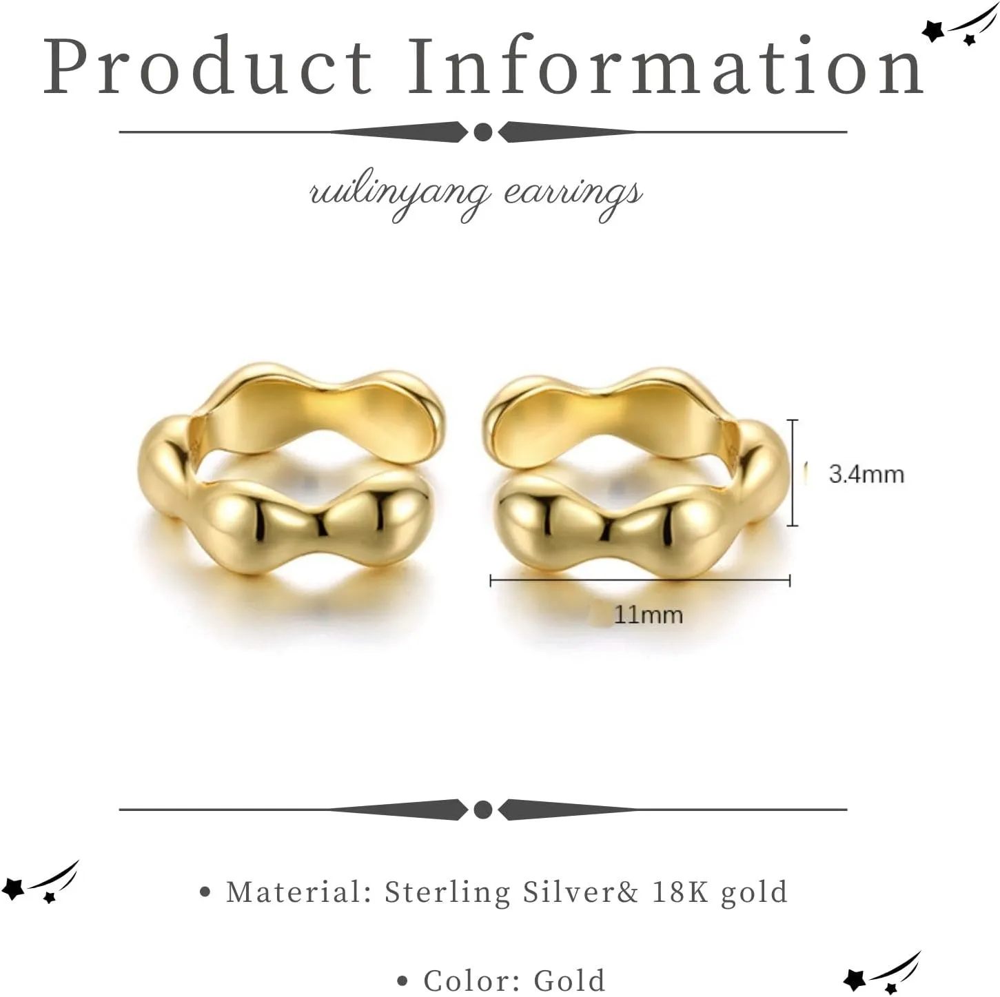 925 Sterling Silver Ear Cuff for Women, 18K Gold Plated Ear Cuffs Earrings, Non Pierced Earring Cuff