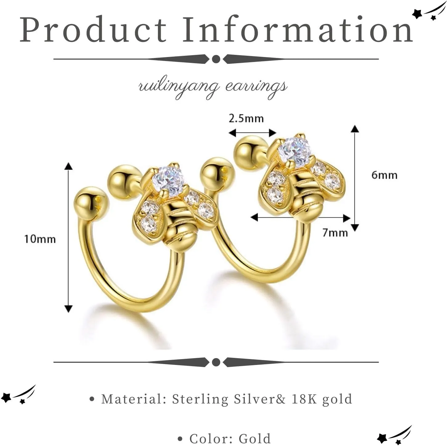 925 Sterling Silver Ear Cuff for Women, Bee Ear Cuffs Earrings, 18K Gold Plated Non Pierced Earring Cuff