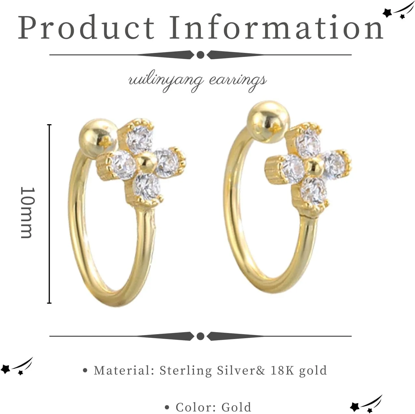 925 Sterling Silver Ear Cuff for Women, Cross Ear Cuffs Earrings, 18K Gold Plated Non Pierced Earring Cuff