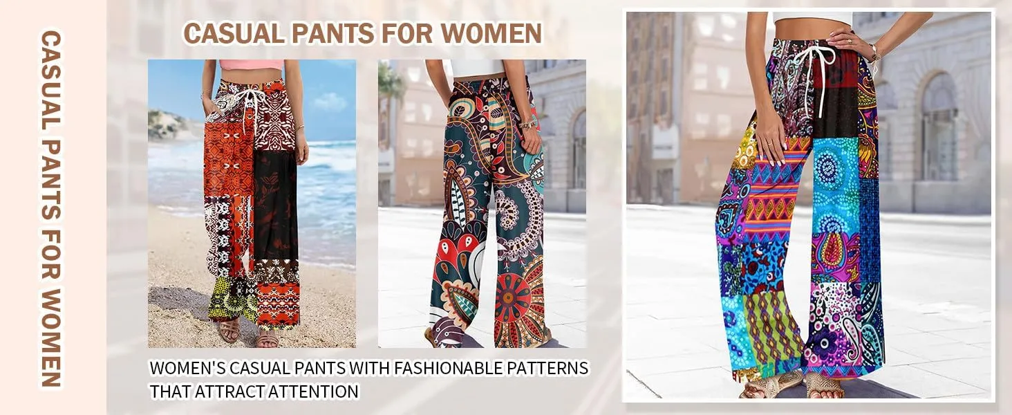 ADHOWBEW Boho Wide Leg Pants for Women Palazzo Wide Leg Harem Flowy Dressy Yoga Beach Bohemian Loose Trousers