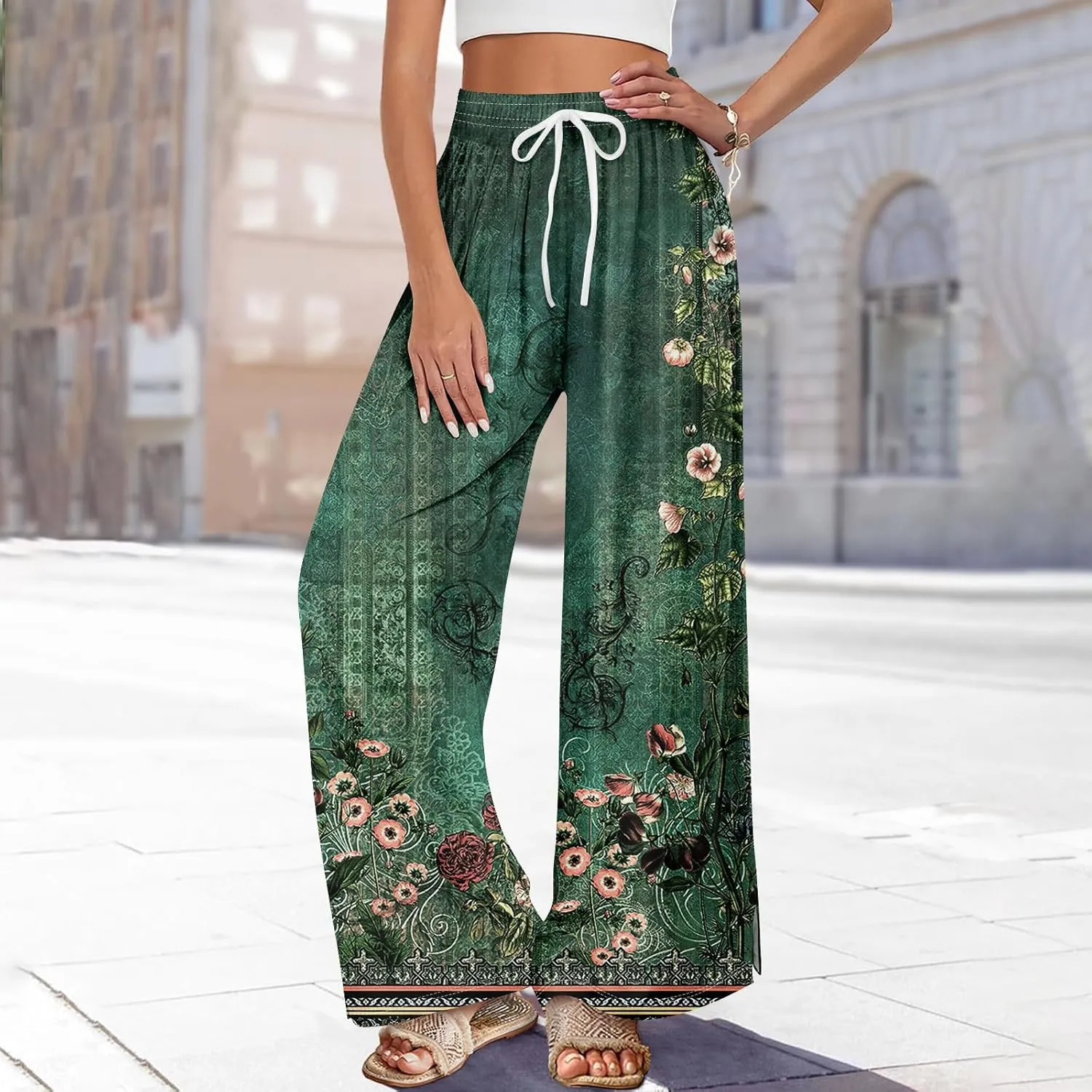 ADHOWBEW Boho Wide Leg Pants for Women Palazzo Wide Leg Harem Flowy Dressy Yoga Beach Bohemian Loose Trousers