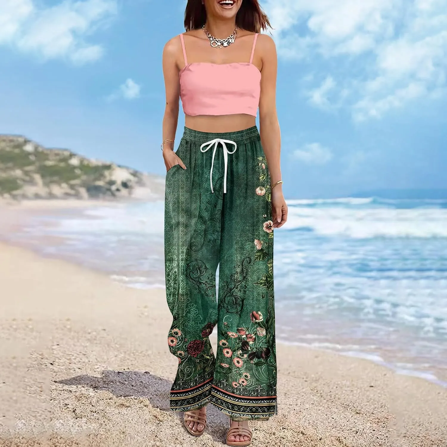 ADHOWBEW Boho Wide Leg Pants for Women Palazzo Wide Leg Harem Flowy Dressy Yoga Beach Bohemian Loose Trousers