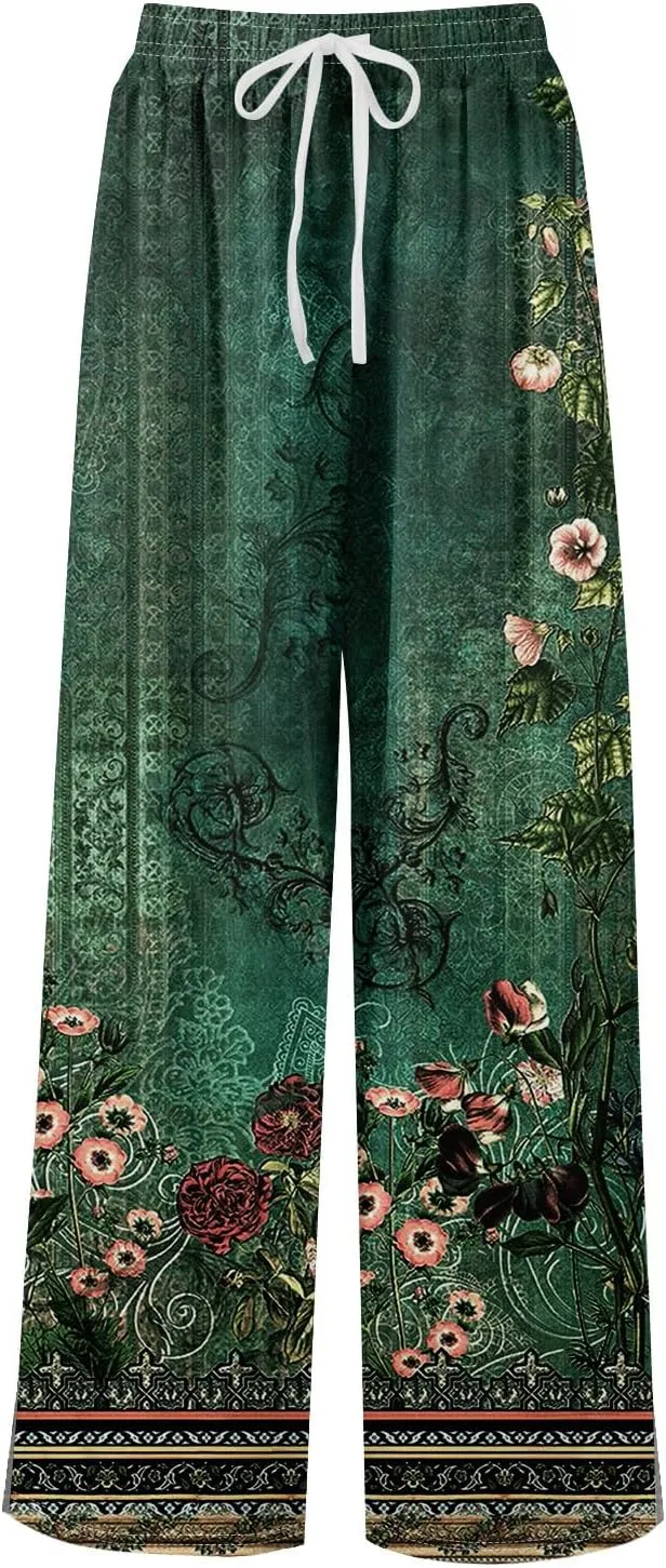 ADHOWBEW Boho Wide Leg Pants for Women Palazzo Wide Leg Harem Flowy Dressy Yoga Beach Bohemian Loose Trousers