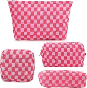 AJOJO 4 Pcs Checkered Cosmetic Bag Makeup Brush Storage Bag Toiletry Organizer Bag for Women Girls Large Travel Toiletry Organizer (4Pcs-Pink)