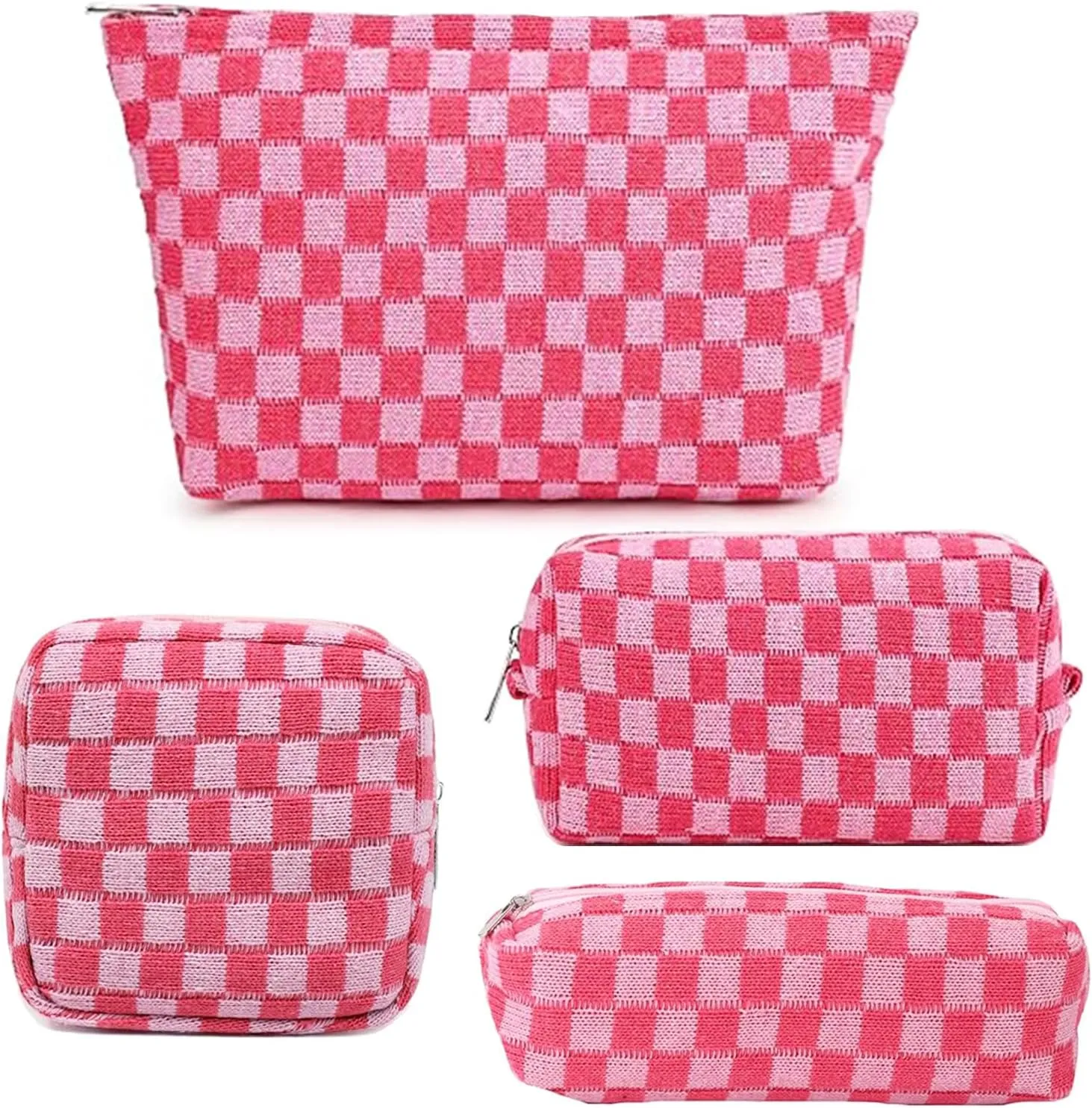 AJOJO 4 Pcs Checkered Cosmetic Bag Makeup Brush Storage Bag Toiletry Organizer Bag for Women Girls Large Travel Toiletry Organizer (4Pcs-Pink)