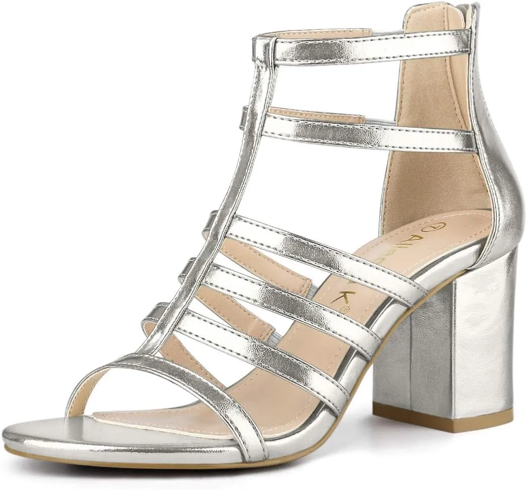 Allegra K Women's Cage Strappy Gladiators Chunky Heels Sandals