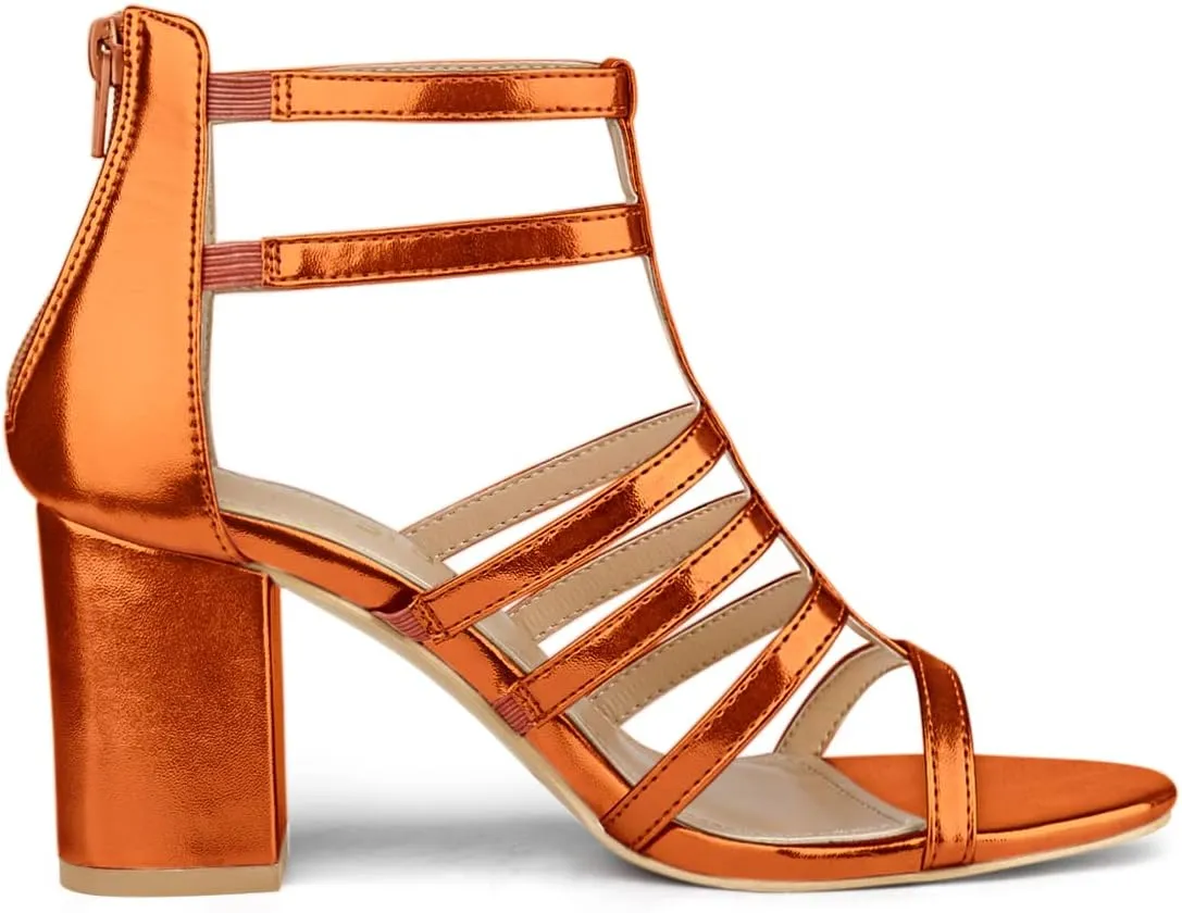 Allegra K Women's Cage Strappy Gladiators Chunky Heels Sandals
