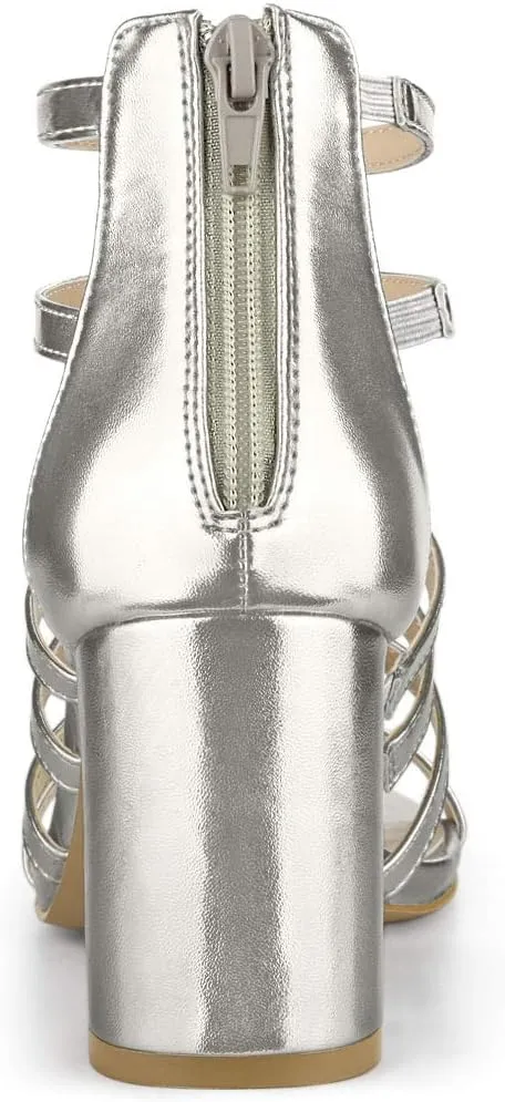 Allegra K Women's Cage Strappy Gladiators Chunky Heels Sandals