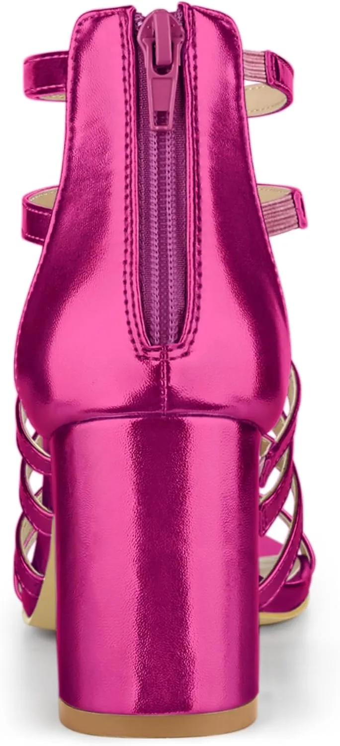 Allegra K Women's Cage Strappy Gladiators Chunky Heels Sandals